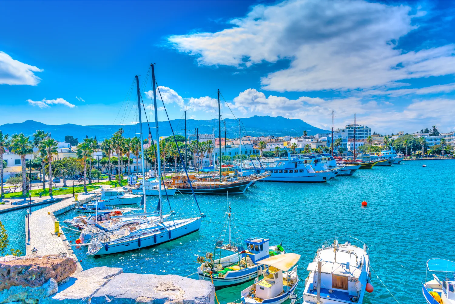 Le port principal de Kos avec une variété de bateaux