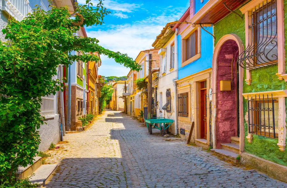 Charmante rue pavée avec des maisons colorées et des plantes à Ayvalik, Turquie