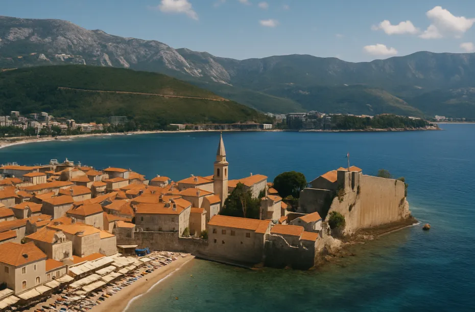 Vue sur la vieille ville de Budva avec ses maisons pittoresques et ses eaux cristallines