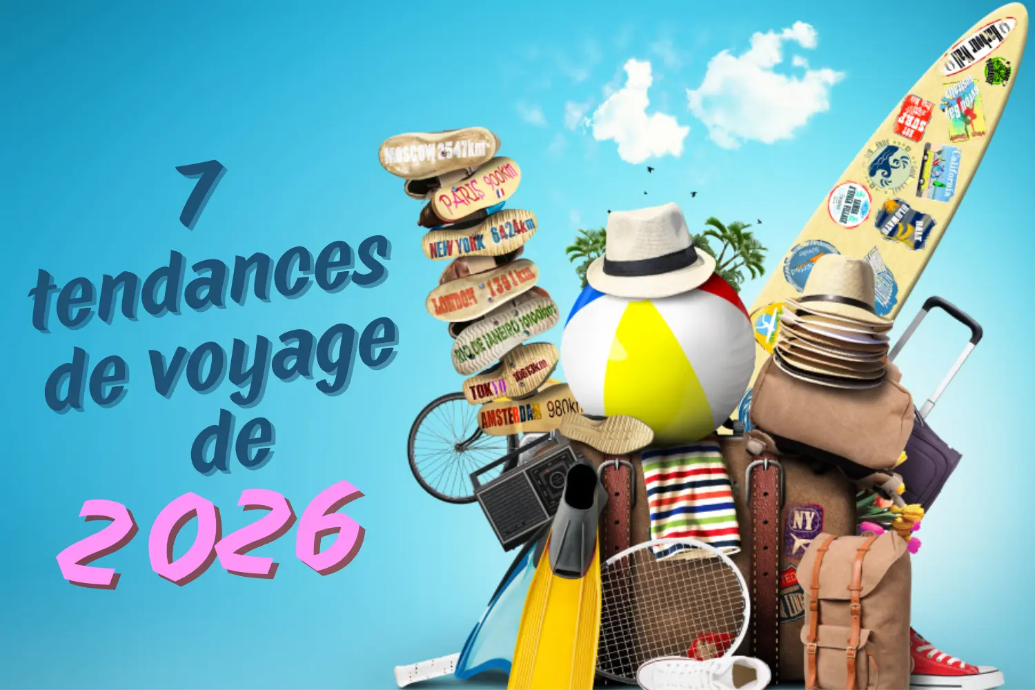 Bagages, chapeaux, chaussures, palmes et autres articles de première nécessité, sur fond de ciel bleu, évoquant les vacances d'été.