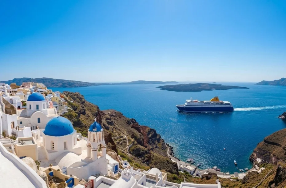 Ferry classique desservant le port de Santorin